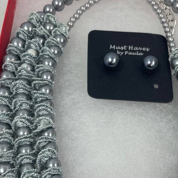 New 2pc Silver Pearl Lace Necklace Earring Jewelry Set In Red Gift Box - Picture 2 of 3